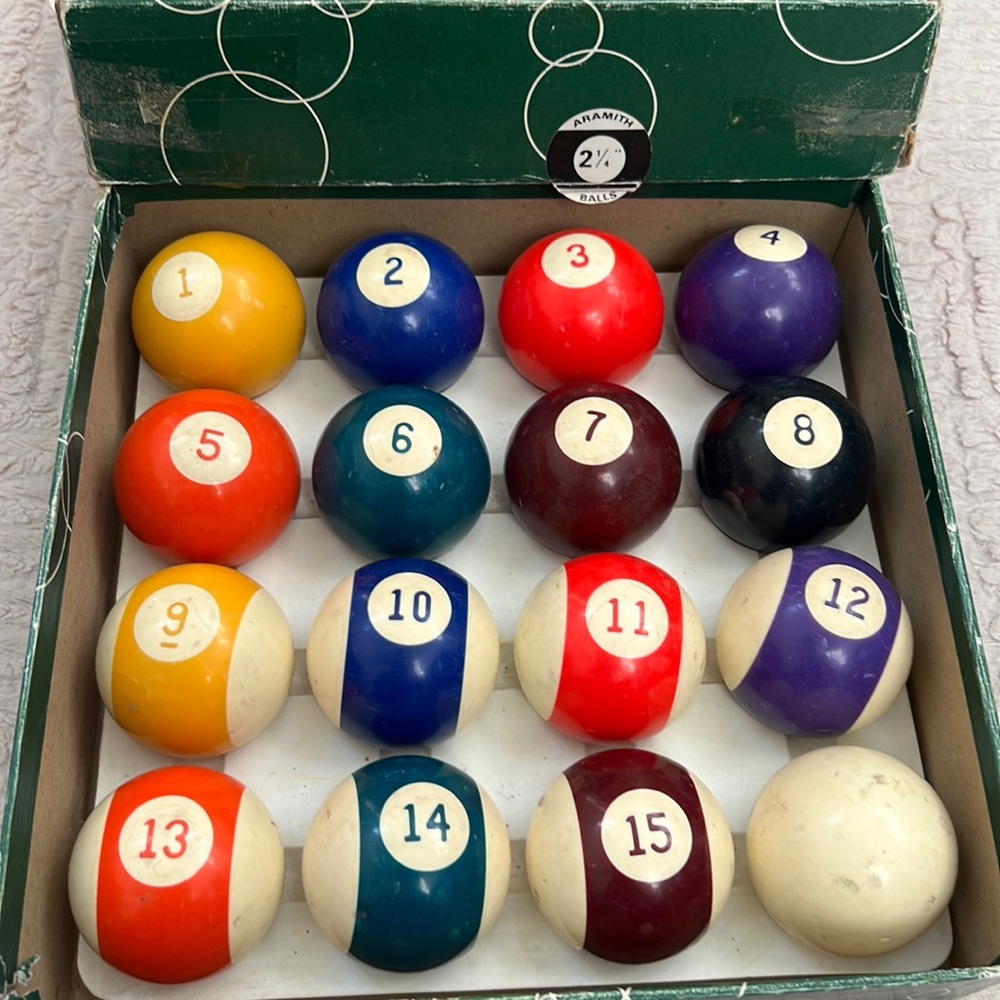 Vintage Aramith Billard Set Pool Balls Phenolic 2 1/4" Made in Belgium Orgnl Box